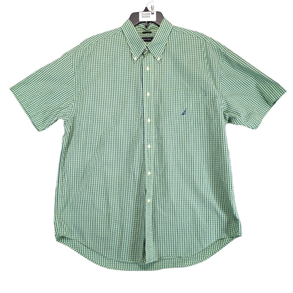 Nautica Green Check Button Down Shirt Men's‎ XL Short Sleeve 80s Two-Ply Cotton